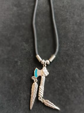 Silver Axe and Feather Pendant Necklace with Turquoise Accent